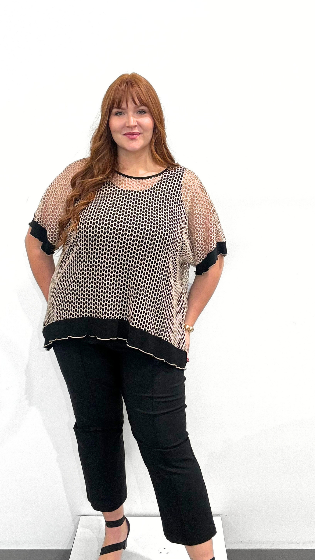 Joseph Ribkoff Silky Knit And Mesh Trapeze Top With Contrast Cuffs