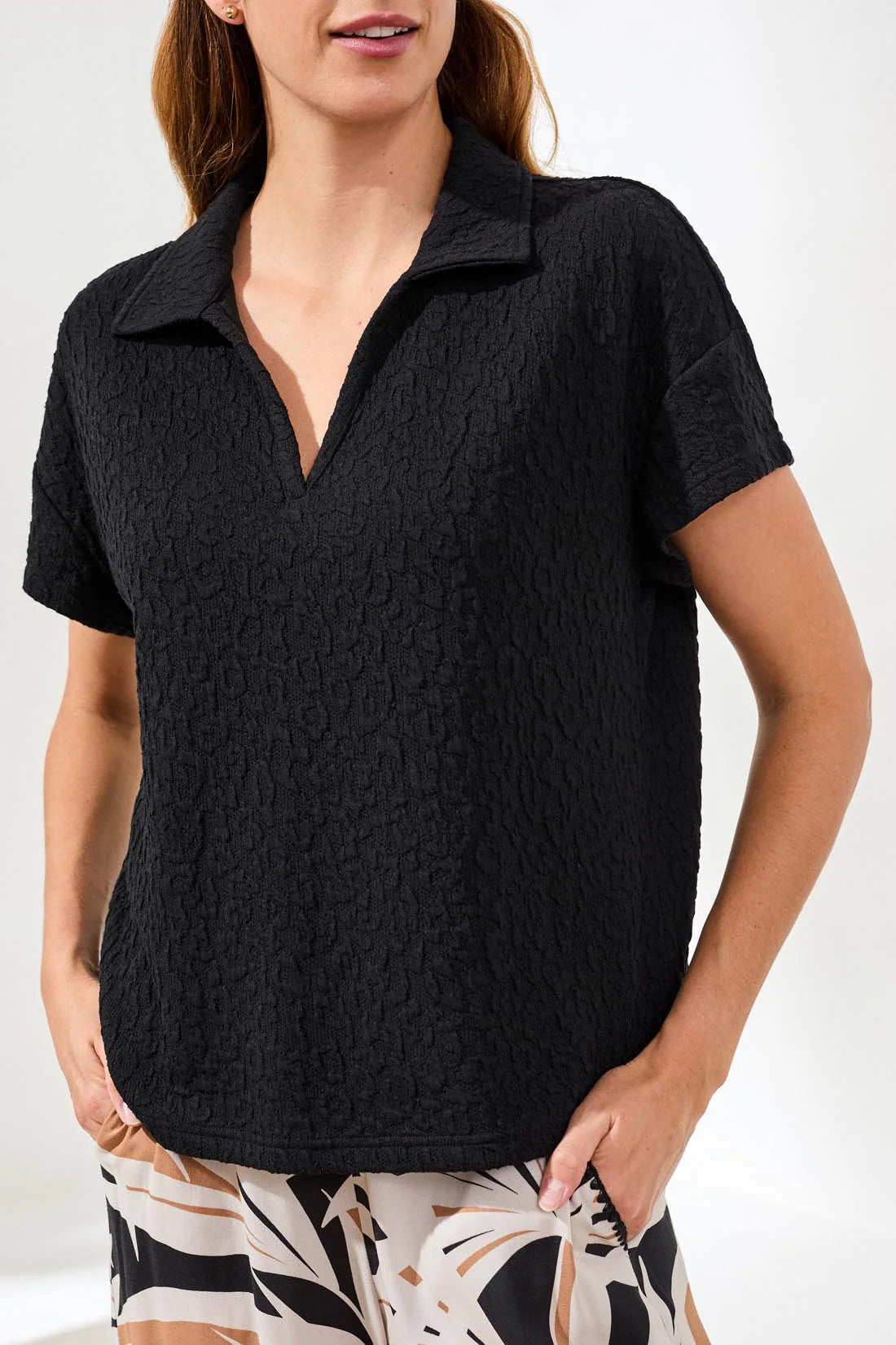 Tribal Short Sleeve Johnny Collar Top