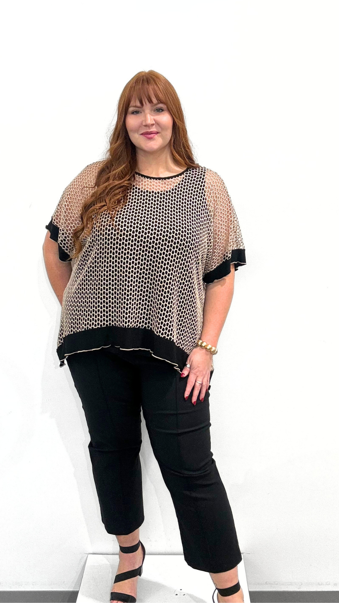 Joseph Ribkoff Silky Knit And Mesh Trapeze Top With Contrast Cuffs