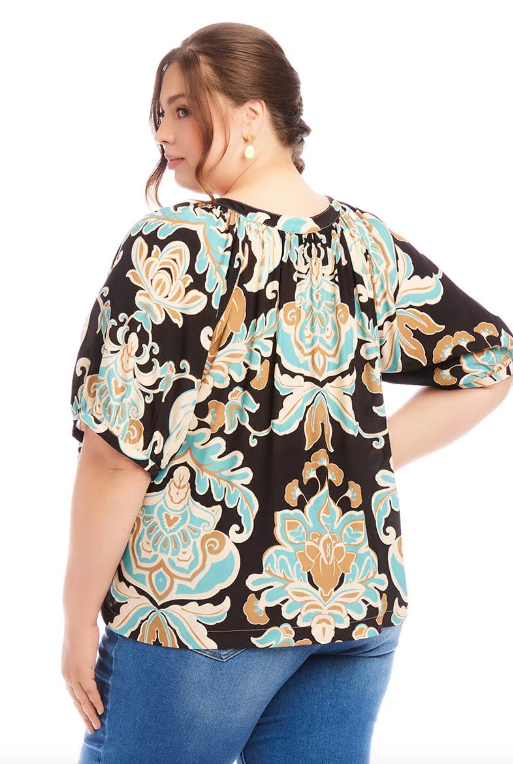 Karen Kane Short Sleeve Peasant Button Up