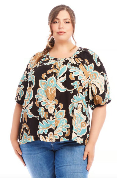 Karen Kane Short Sleeve Peasant Button Up