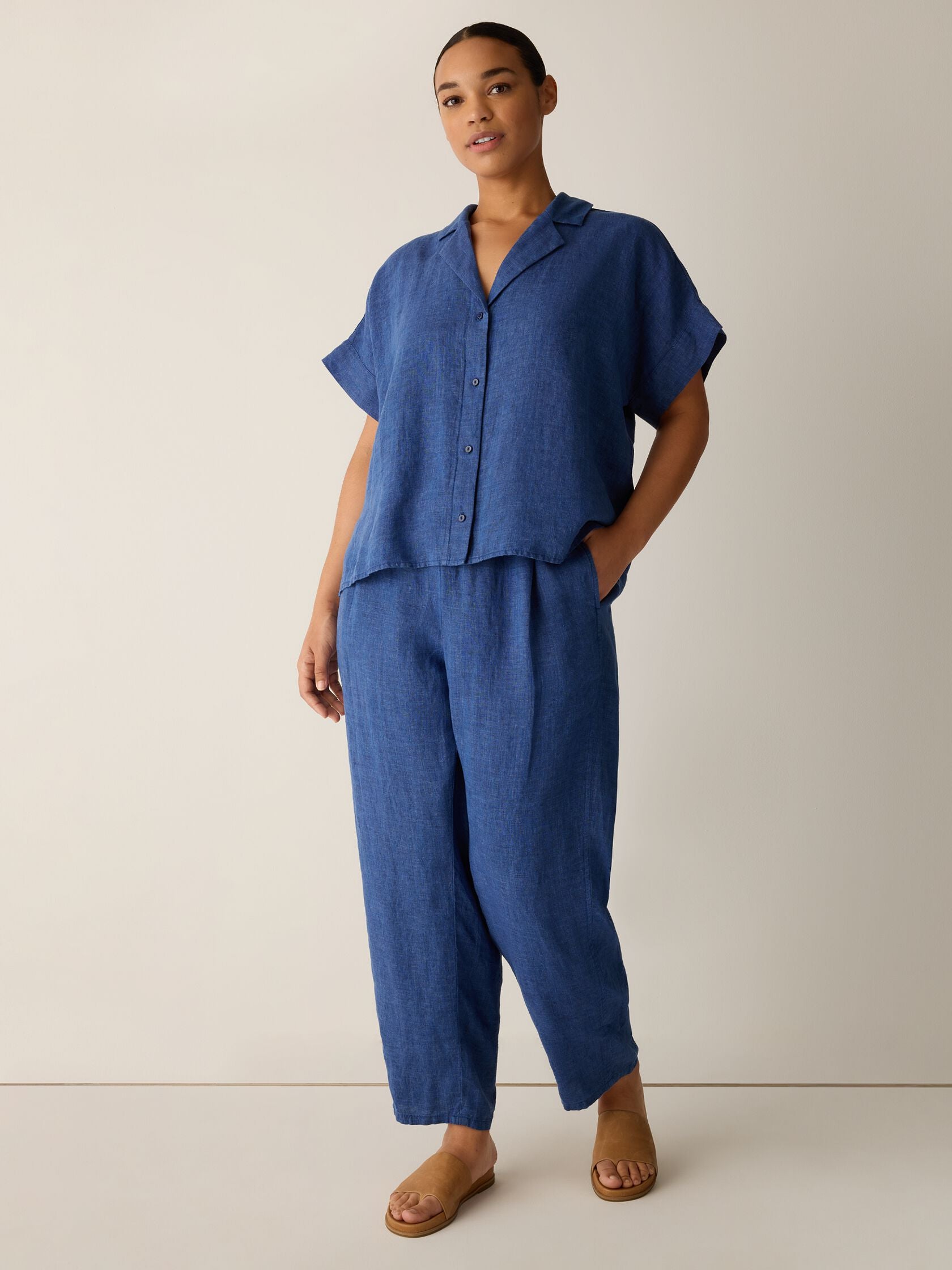 (Pre-Order) Eileen Fisher Notch Collar Shirt W/ Cuffed Short Sleeve