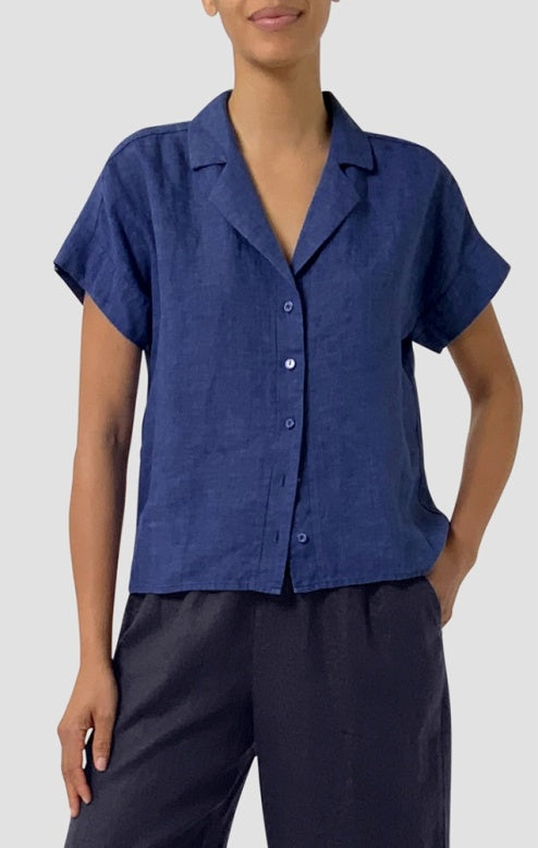 (Pre-Order) Eileen Fisher Notch Collar Shirt W/ Cuffed Short Sleeve